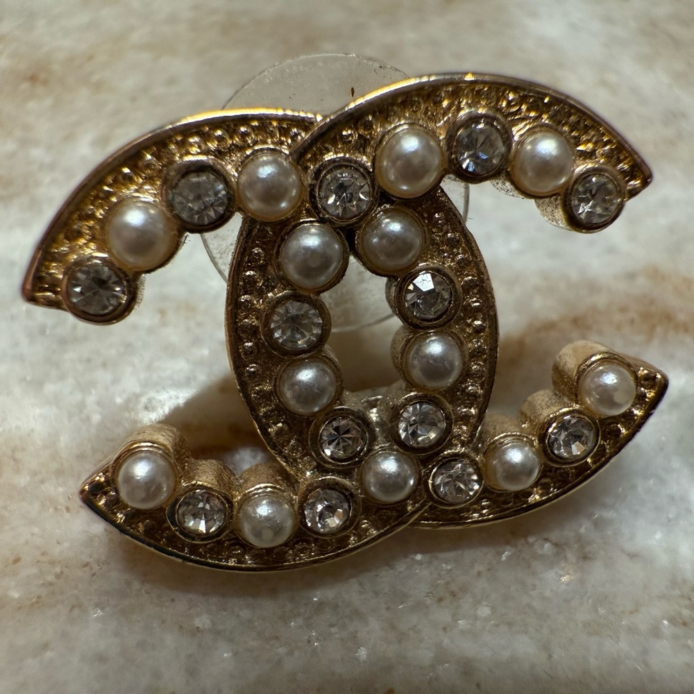 CHANEL Gold and Cream Crescent Earrings with Crystal and Pearl Accents